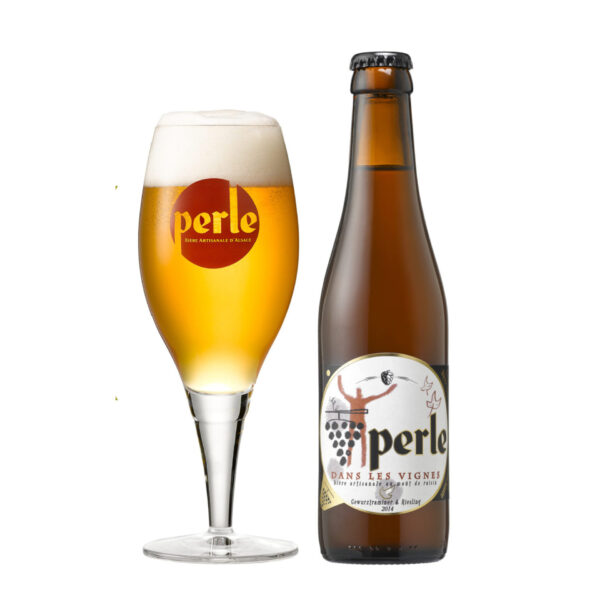 bière artisanale de la brasserie Vallée du Giffre Perle – Dans les vignes et verre blonde